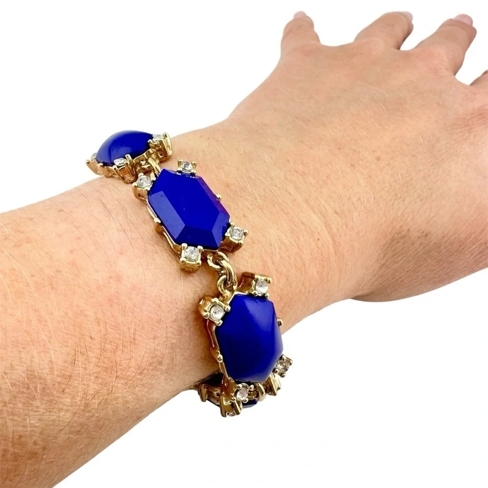 J Crew Bracelet in Shiny Gold-tone with Blue Stones and Small Rhinestones